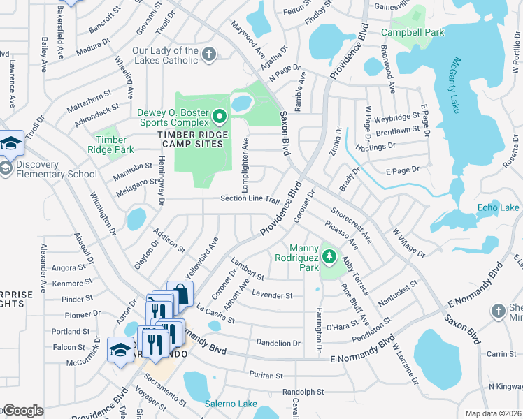 map of restaurants, bars, coffee shops, grocery stores, and more near 1450 Clayton Drive in Deltona