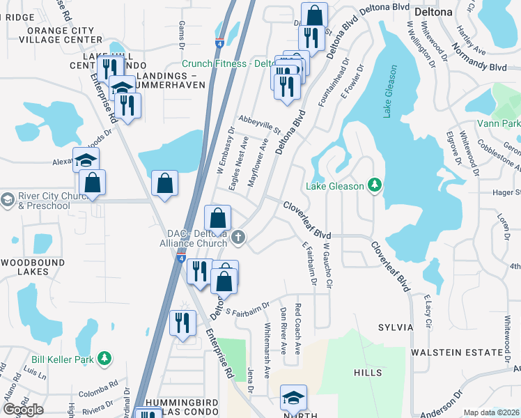 map of restaurants, bars, coffee shops, grocery stores, and more near 993 Deltona Boulevard in Deltona