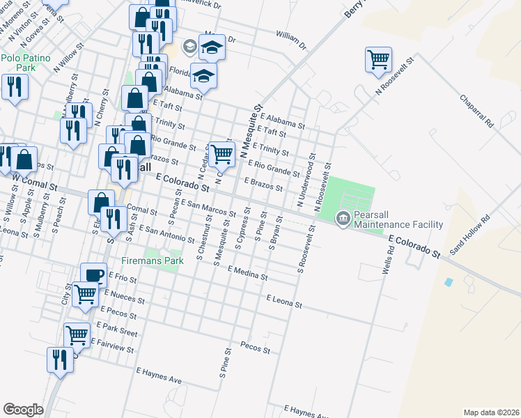 map of restaurants, bars, coffee shops, grocery stores, and more near 119 South Pine Street in Pearsall