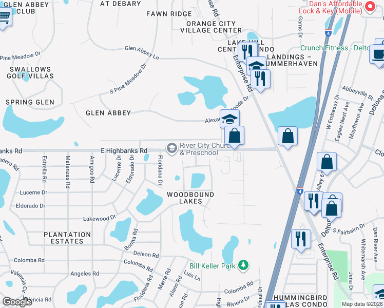map of restaurants, bars, coffee shops, grocery stores, and more near 2 Woodbound Lane in DeBary