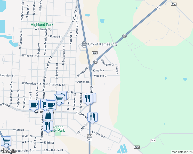 map of restaurants, bars, coffee shops, grocery stores, and more near 810 Muecke Drive in Karnes City