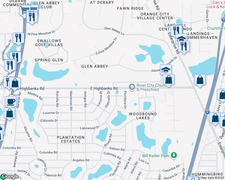 map of restaurants, bars, coffee shops, grocery stores, and more near 243 East Highbanks Road in DeBary