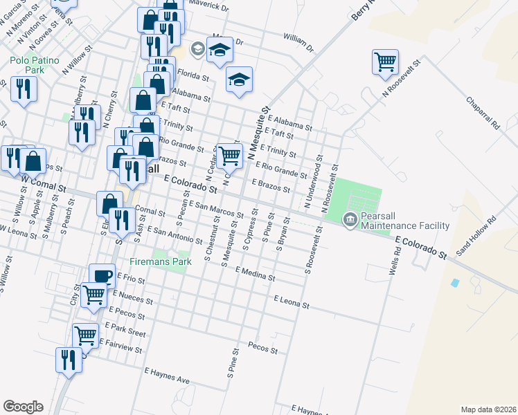map of restaurants, bars, coffee shops, grocery stores, and more near 119 South Pine Street in Pearsall