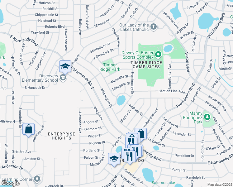 map of restaurants, bars, coffee shops, grocery stores, and more near 1104 Norwood Drive in Deltona
