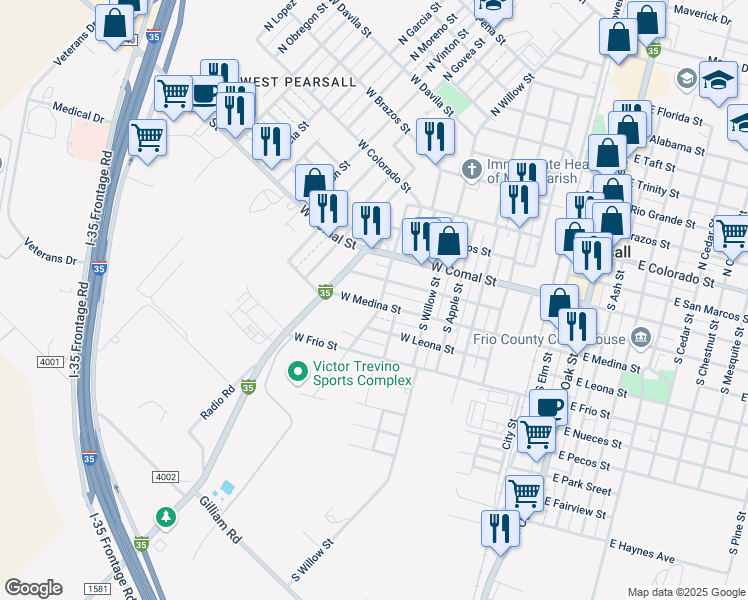 map of restaurants, bars, coffee shops, grocery stores, and more near 527 South Bernal Street in Pearsall