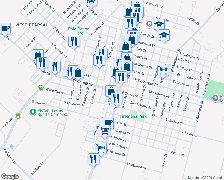 map of restaurants, bars, coffee shops, grocery stores, and more near 301 South Elm Street in Pearsall