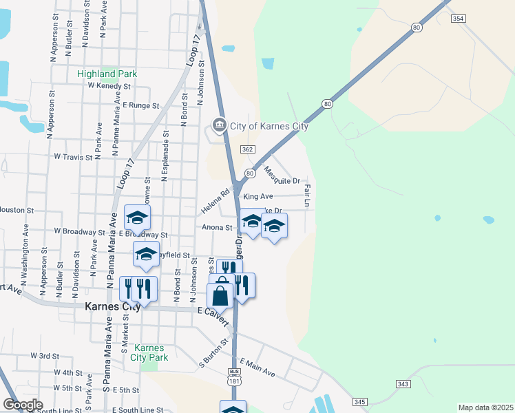map of restaurants, bars, coffee shops, grocery stores, and more near 810 Muecke Drive in Karnes City