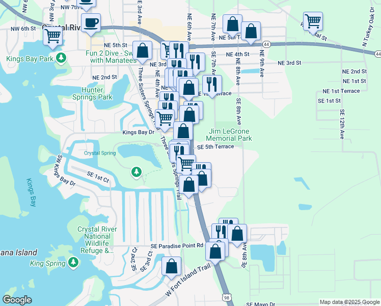 map of restaurants, bars, coffee shops, grocery stores, and more near State Highway 44 in Crystal River