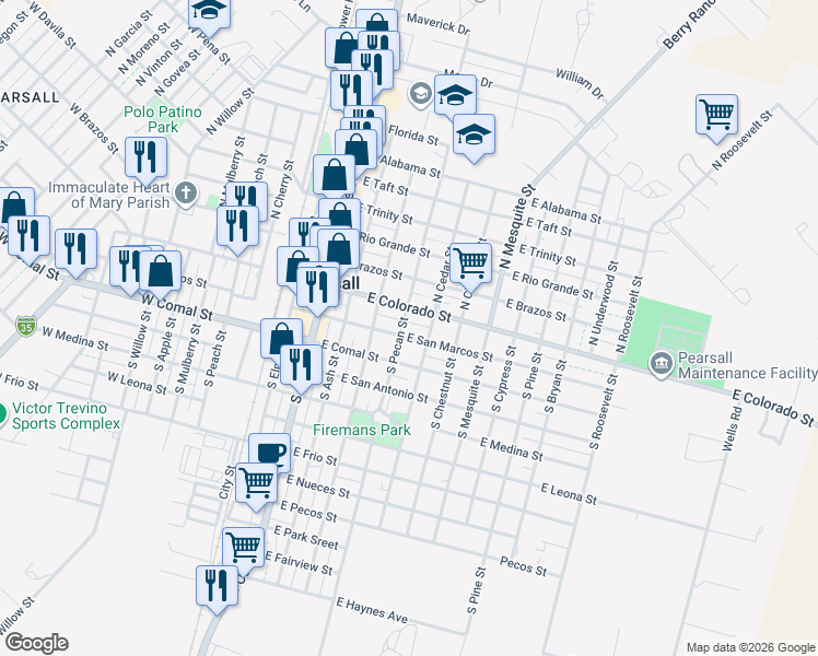 map of restaurants, bars, coffee shops, grocery stores, and more near 214 North Cedar Street in Pearsall