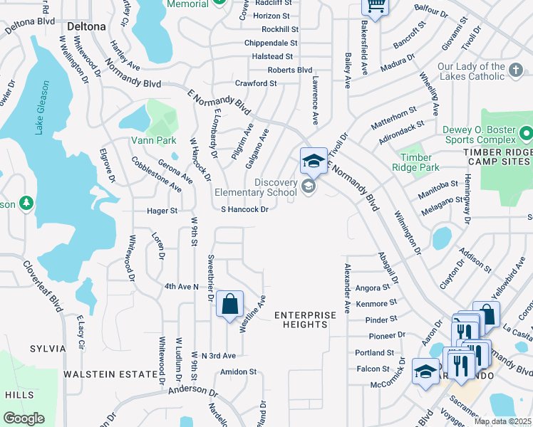 map of restaurants, bars, coffee shops, grocery stores, and more near 873 South Hancock Drive in Deltona
