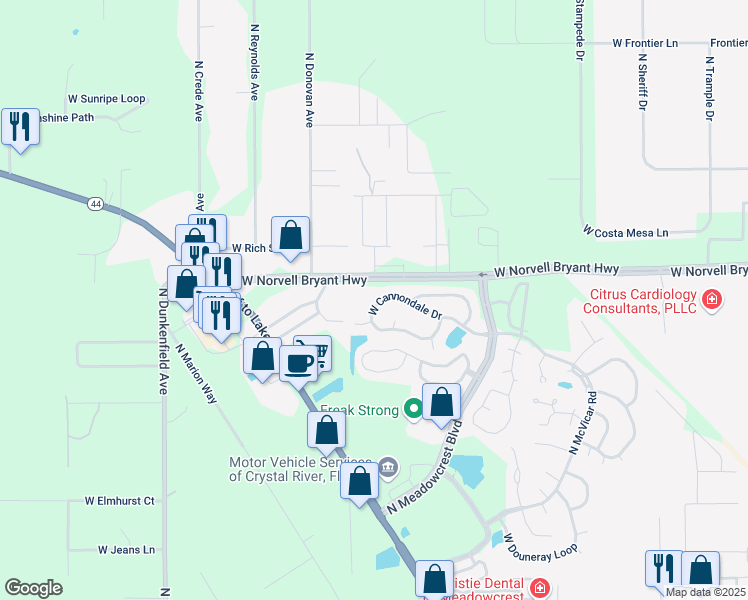 map of restaurants, bars, coffee shops, grocery stores, and more near 6388-6532 West Norvell Bryant Highway in Crystal River