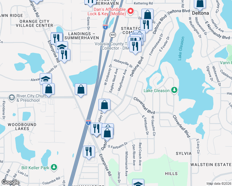 map of restaurants, bars, coffee shops, grocery stores, and more near 1056 Eagles Nest Avenue in Deltona