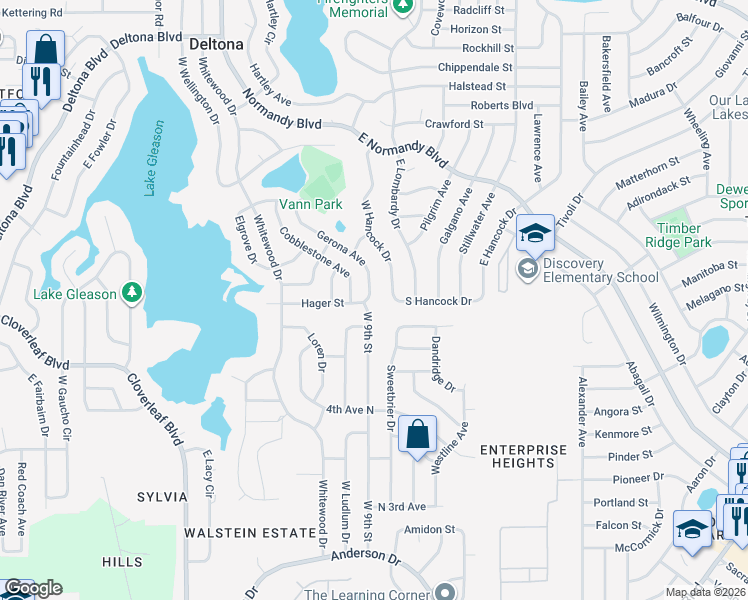 map of restaurants, bars, coffee shops, grocery stores, and more near 1042 West Hancock Drive in Deltona