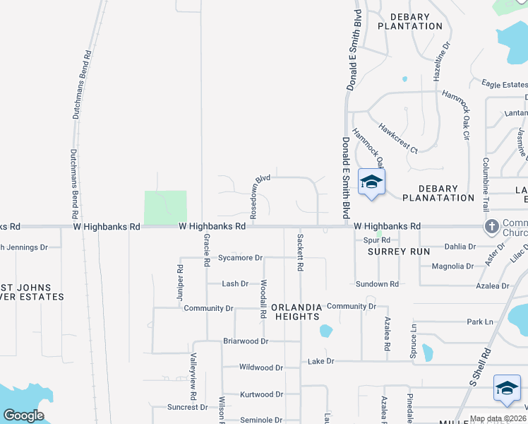 map of restaurants, bars, coffee shops, grocery stores, and more near 54 Rosedown Boulevard in DeBary