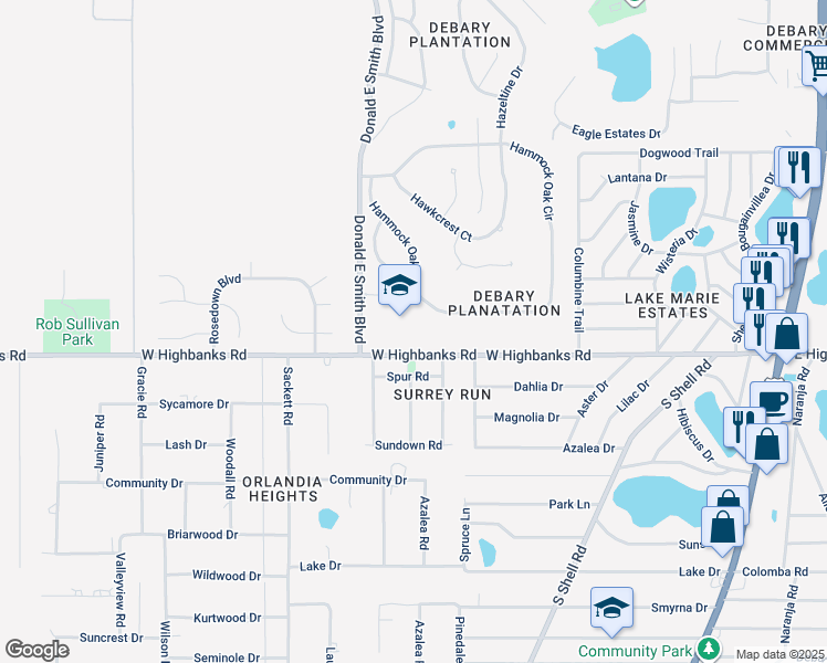 map of restaurants, bars, coffee shops, grocery stores, and more near 88 West Highbanks Road in DeBary