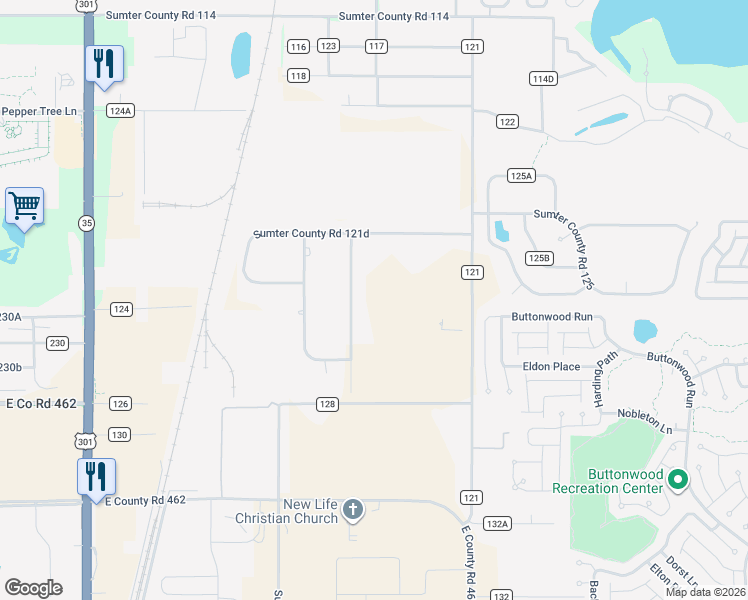 map of restaurants, bars, coffee shops, grocery stores, and more near 9205 County Road 128C in Wildwood