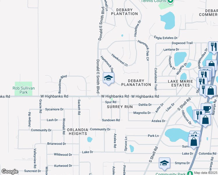 map of restaurants, bars, coffee shops, grocery stores, and more near 88 West Highbanks Road in DeBary