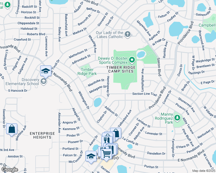 map of restaurants, bars, coffee shops, grocery stores, and more near 1024 Hemingway Drive in Deltona