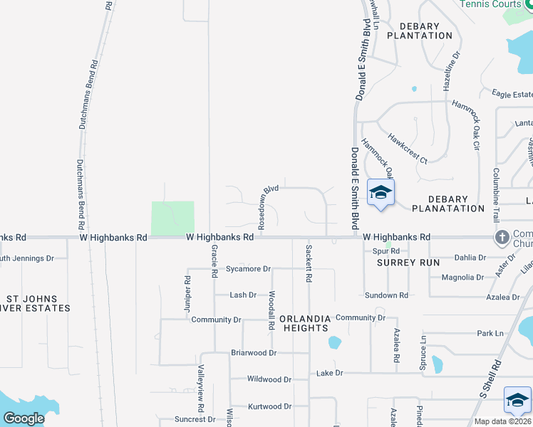 map of restaurants, bars, coffee shops, grocery stores, and more near 54 Rosedown Boulevard in DeBary