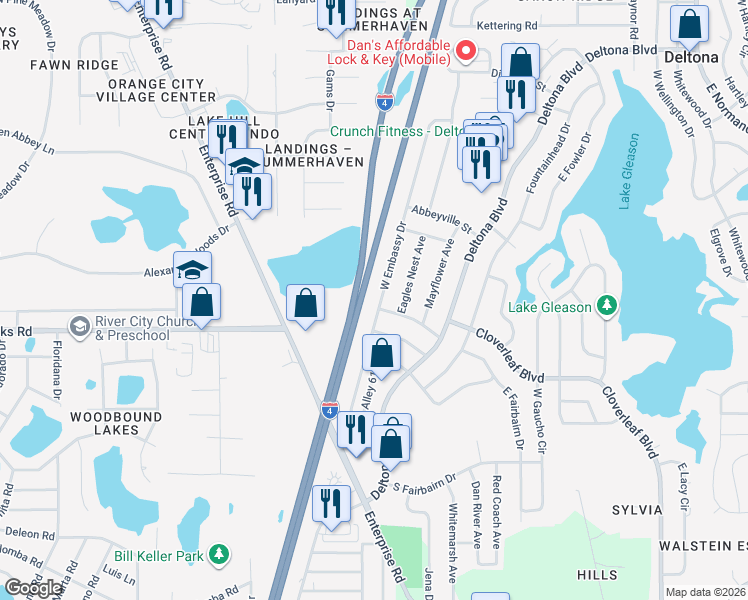 map of restaurants, bars, coffee shops, grocery stores, and more near 1046 West Embassy Drive in Deltona