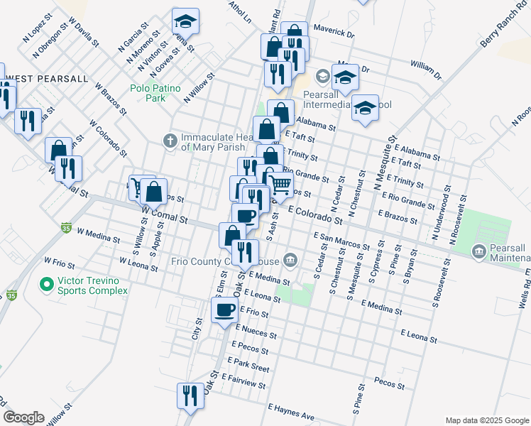 map of restaurants, bars, coffee shops, grocery stores, and more near in Pearsall