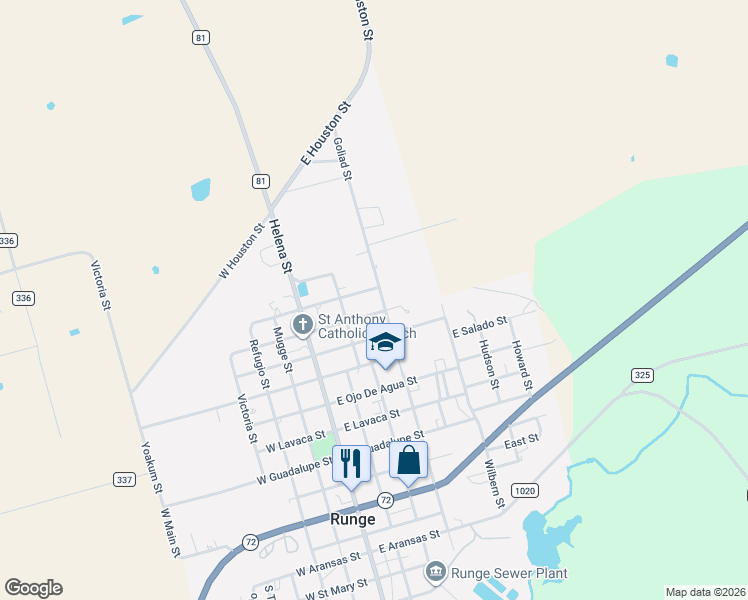 map of restaurants, bars, coffee shops, grocery stores, and more near 802 North Goliad in Runge
