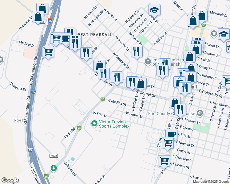 map of restaurants, bars, coffee shops, grocery stores, and more near 903 West San Antonio Street in Pearsall