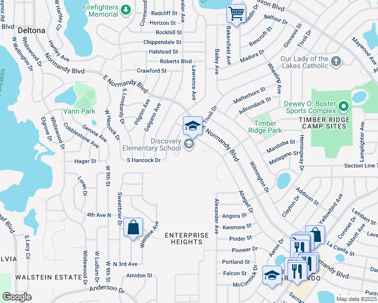 map of restaurants, bars, coffee shops, grocery stores, and more near 975 Abagail Drive in Deltona