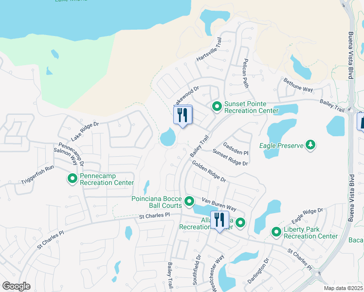 map of restaurants, bars, coffee shops, grocery stores, and more near 1718 Hagood Loop in The Villages