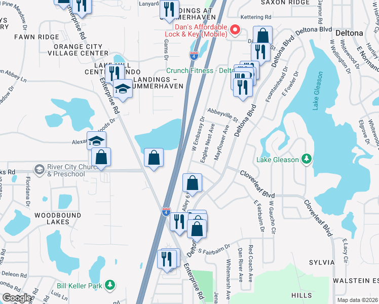 map of restaurants, bars, coffee shops, grocery stores, and more near 1046 West Embassy Drive in Deltona
