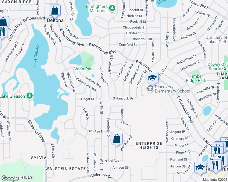 map of restaurants, bars, coffee shops, grocery stores, and more near 1041 East Lombardy Drive in Deltona