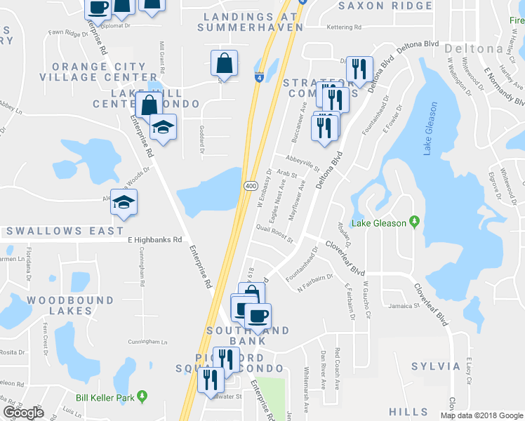 map of restaurants, bars, coffee shops, grocery stores, and more near 1061 West Embassy Drive in Deltona