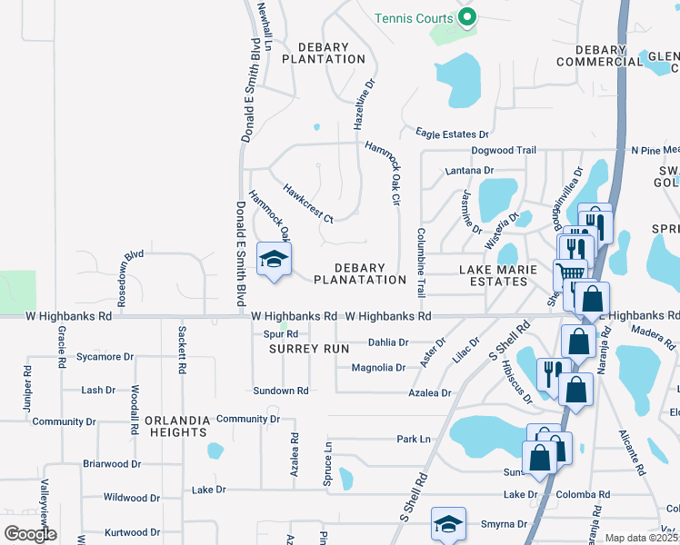 map of restaurants, bars, coffee shops, grocery stores, and more near 296 Hammock Oak Circle in DeBary