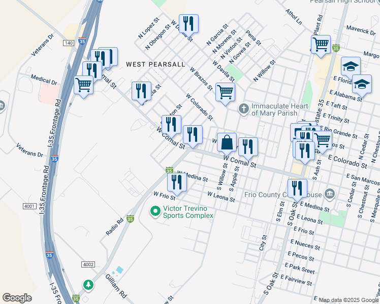 map of restaurants, bars, coffee shops, grocery stores, and more near 903 West San Antonio Street in Pearsall