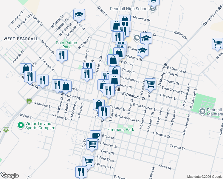 map of restaurants, bars, coffee shops, grocery stores, and more near in Pearsall