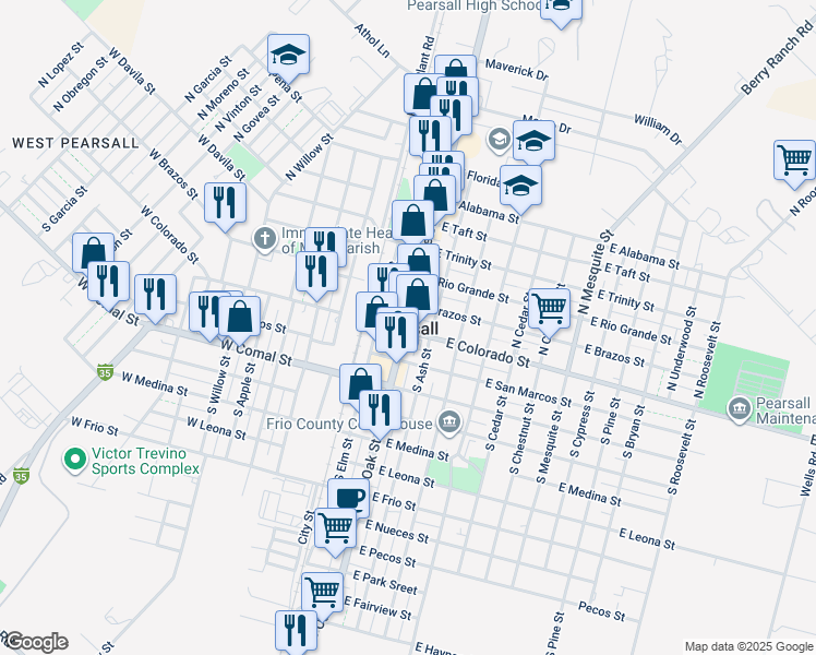 map of restaurants, bars, coffee shops, grocery stores, and more near in Pearsall