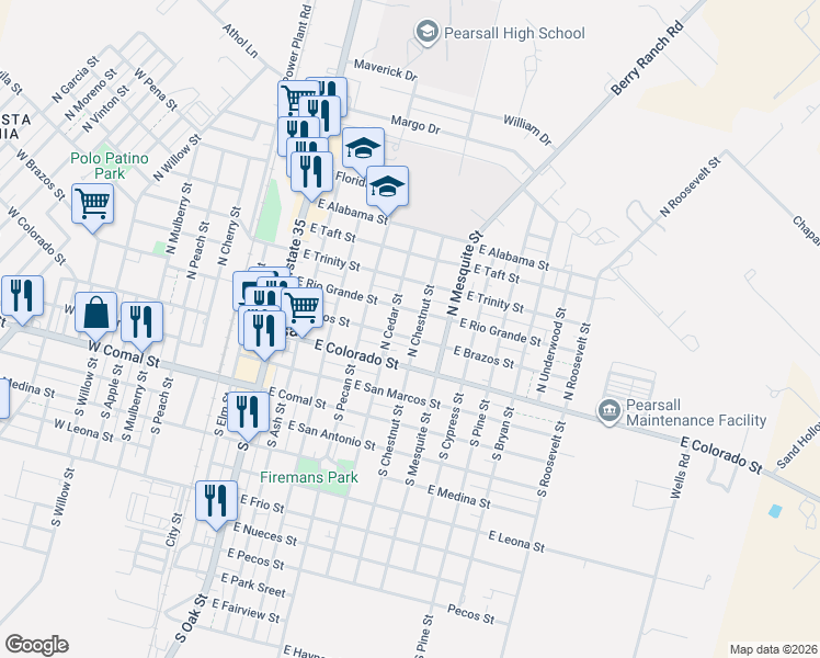 map of restaurants, bars, coffee shops, grocery stores, and more near 717 East Colorado Street in Pearsall