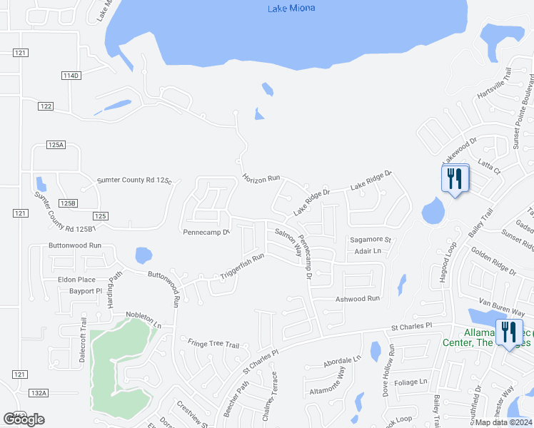 map of restaurants, bars, coffee shops, grocery stores, and more near 1668 Mystic Way in The Villages