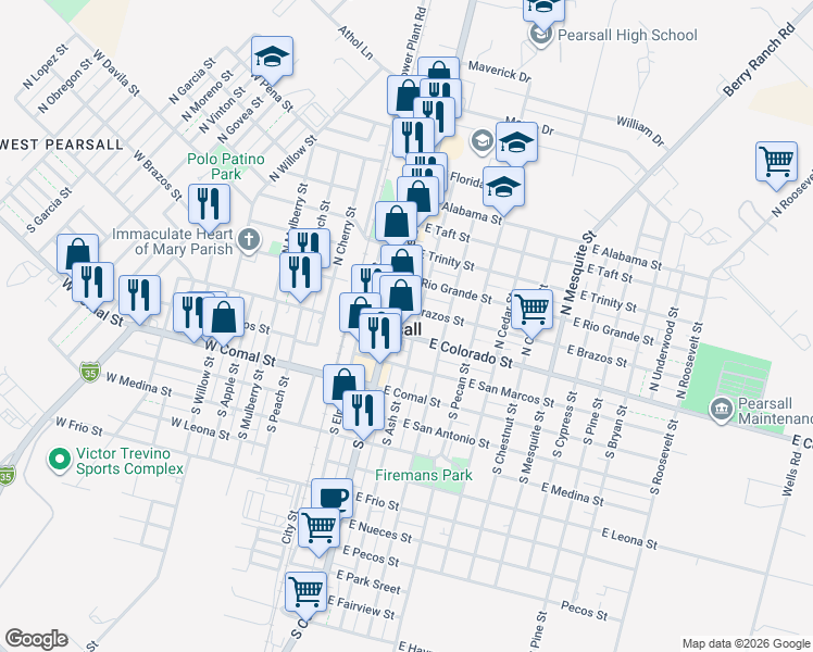 map of restaurants, bars, coffee shops, grocery stores, and more near in Pearsall