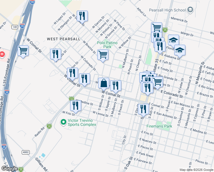map of restaurants, bars, coffee shops, grocery stores, and more near 124 South Willow Street in Pearsall