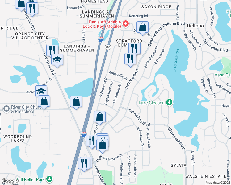 map of restaurants, bars, coffee shops, grocery stores, and more near 1086 Mayflower Avenue in Deltona