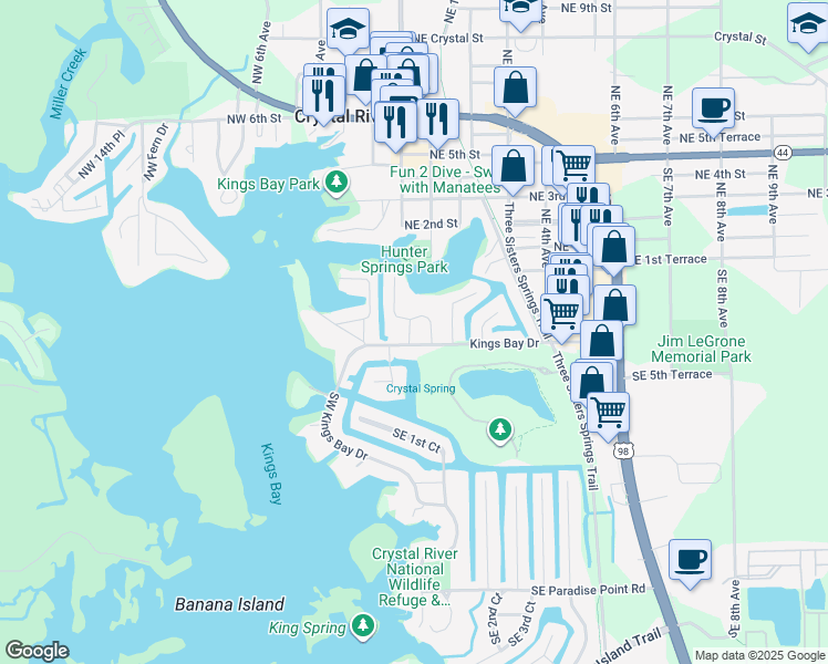 map of restaurants, bars, coffee shops, grocery stores, and more near 131 Beach Lane in Crystal River
