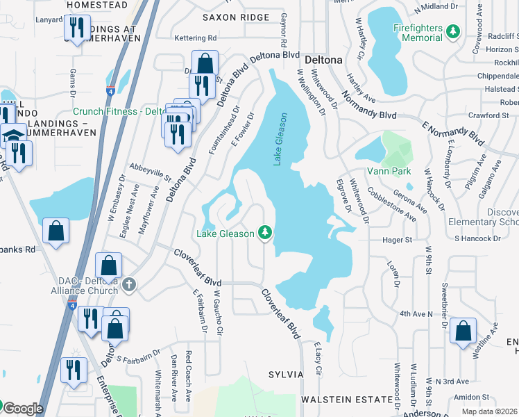 map of restaurants, bars, coffee shops, grocery stores, and more near 1075 East Gaucho Circle in Deltona