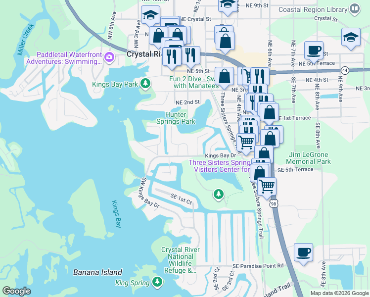 map of restaurants, bars, coffee shops, grocery stores, and more near 220 Southeast Valare Lane in Crystal River