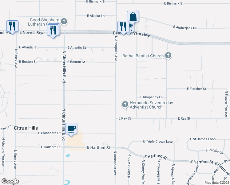 map of restaurants, bars, coffee shops, grocery stores, and more near 825 East Dakota Court in Hernando