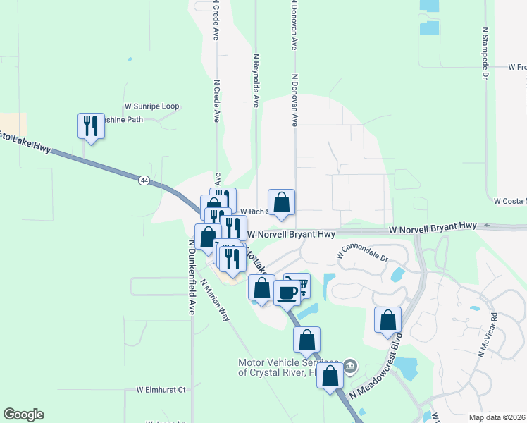 map of restaurants, bars, coffee shops, grocery stores, and more near 6725 West Rich Street in Crystal River