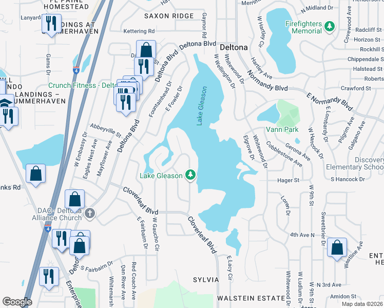 map of restaurants, bars, coffee shops, grocery stores, and more near 1075 East Gaucho Circle in Deltona