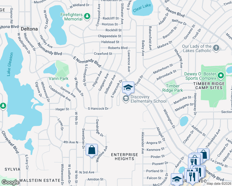 map of restaurants, bars, coffee shops, grocery stores, and more near 1092 East Hancock Drive in Deltona
