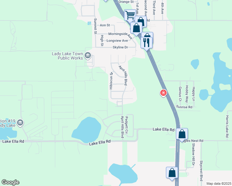 map of restaurants, bars, coffee shops, grocery stores, and more near 304 West Primrose Lane in Lady Lake