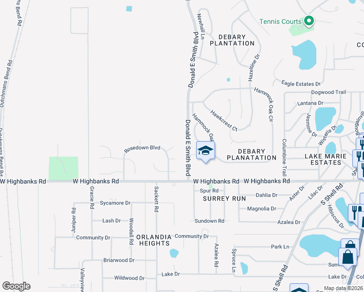 map of restaurants, bars, coffee shops, grocery stores, and more near 105 Hunter Point Court in DeBary